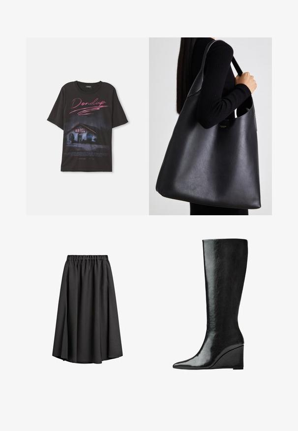 Grå trenchcoat med dobbeltknaplukning, bælte i taljen, bred klapkrave og sidelommer. Glat stof med mat finish.; Sort t-shirt med grafik af et motell med pink og hvid tekst. Korte ærmer og afslappet pasform, lavet af bomuld. Teksten inkluderer mærkenavnet.; Sort midi-nederdel lavet af let, flydende stof med elastisk talje og let A-formet silhuet. Ingen synlige mønstre eller accenter.; Knæhøje sorte læderstøvler med en slank, spids tå og en kilehælk. Overfladen er glat med en blank finish.; Sort læder tote taske med en glat overflade, overdimensioneret form og en enkelt skulderrem. Har et guld logo som accent.