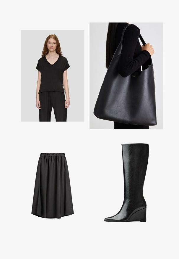 Grau Trenchcoat mit doppelreihiger Front, taillierter Weste, breitem Reverskragen und seitlichen Taschen. Glattes Material mit matter Oberfläche.; Schwarzes Kurzarmoberteil mit V-Ausschnitt, lockerer Passform und weicher Textur, kombiniert mit schwarzen plissierten Hosen.; Schwarze Midirock aus leichtem, fließendem Stoff mit elastischem Bund und leicht ausgestellter A-Linie. Keine sichtbaren Muster oder Akzente.; Knöchelhohe schwarze Lederstiefel mit schlanker, spitzer Zehenform und Wedge-Absatz. Die Oberfläche ist glatt mit einem glänzenden Finish.; Schwarze Leder-Taschen mit glatter Textur, übergroßer Form und einem einzigen Schulterriemen. Besitzt einen goldenen Logo-Akzent.