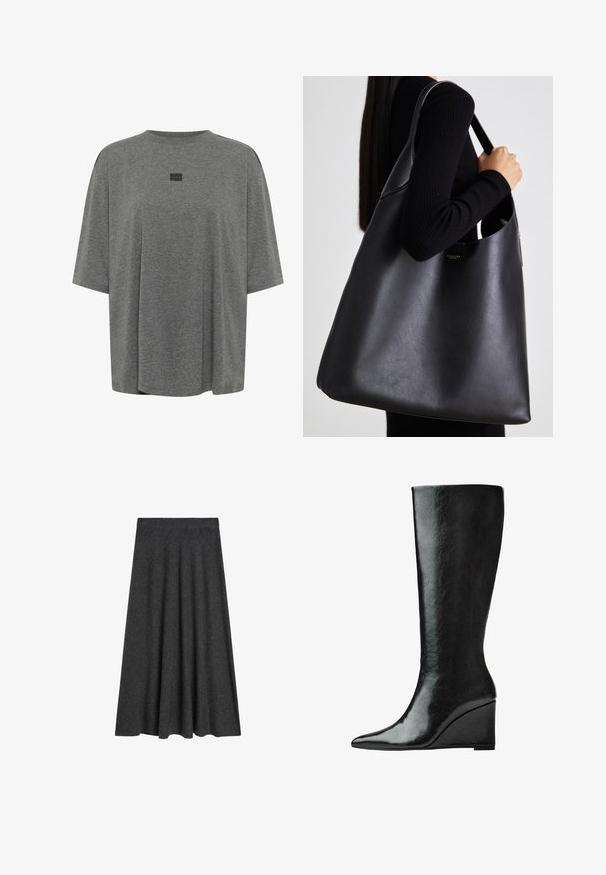Šedý trenčkot s dvouřadým zapínáním, páskem v pase, širokým klopovým límcem a bočními kapsami. Hladká tkanina s matným povrchem.; Šedé oversized tričko vyrobené z měkké látky. Má kulatý výstřih, krátké rukávy a diskrétní logo uprostřed.; Mírně rozšířená sukně po kolena z tmavě šedé vlněné směsi, s hladkým povrchem a elastickým pasem pro pohodlí a snadné nošení.; Černé kožené boty do půlky lýtek s úzkou, špičatou špičkou a klínovým podpatkem. Povrch je hladký s lesklým finišem.; Černá kožená taška přes rameno s hladkou texturou, nadměrným tvarem a jedním ramenním poprukem. Obsahuje zlatý logo akcent.