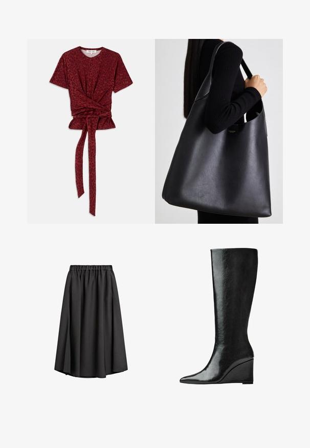 Šedý trenčkot s dvouřadým zapínáním, páskem v pase, širokým klopovým límcem a bočními kapsami. Hladká tkanina s matným povrchem.; Červené tričko s leoparda vzorem, kulatým výstřihem, krátkými rukávy a uzlovým detailem v pase; vyrobeno z měkké, texturované tkaniny.; Černá midi sukně vyrobená z lehkého, splývavého materiálu s elastickým pasem a mírně A-čkovým střihem. Bez viditelných vzorů nebo doplňků.; Černé kožené boty do půlky lýtek s úzkou, špičatou špičkou a klínovým podpatkem. Povrch je hladký s lesklým finišem.; Černá kožená taška přes rameno s hladkou texturou, nadměrným tvarem a jedním ramenním poprukem. Obsahuje zlatý logo akcent.