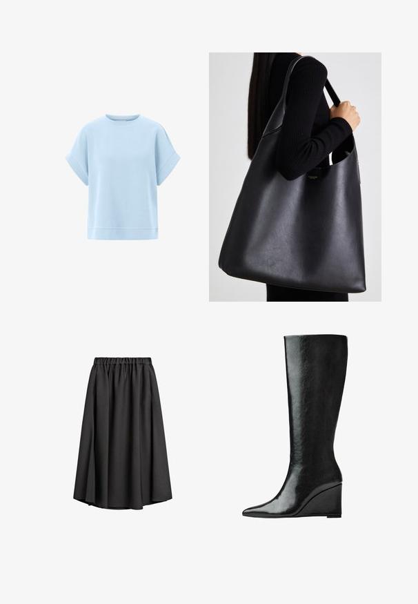 Grau Trenchcoat mit doppelreihiger Front, taillierter Weste, breitem Reverskragen und seitlichen Taschen. Glattes Material mit matter Oberfläche.; Hellblaues kurzärmliges Sweatshirt aus weichem Stoff mit lockerer Passform, Rundhalsausschnitt und genähten Saumakzenten.; Schwarze Midirock aus leichtem, fließendem Stoff mit elastischem Bund und leicht ausgestellter A-Linie. Keine sichtbaren Muster oder Akzente.; Knöchelhohe schwarze Lederstiefel mit schlanker, spitzer Zehenform und Wedge-Absatz. Die Oberfläche ist glatt mit einem glänzenden Finish.; Schwarze Leder-Taschen mit glatter Textur, übergroßer Form und einem einzigen Schulterriemen. Besitzt einen goldenen Logo-Akzent.