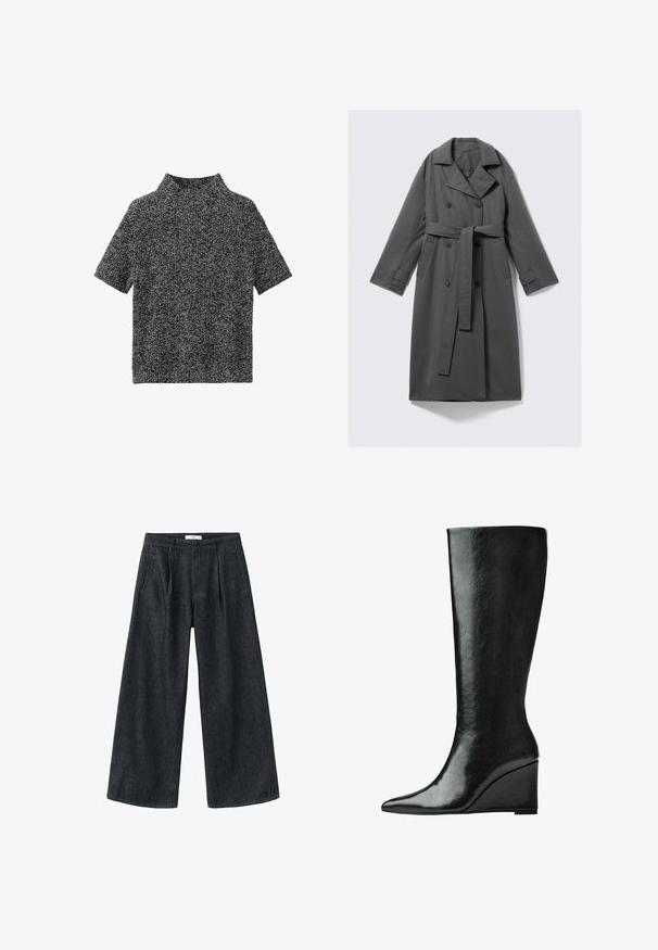 Grå trenchcoat med dobbeltknaplukning, bælte i taljen, bred klapkrave og sidelommer. Glat stof med mat finish.; Kortærmet pullover med høj hals i et struktureret sort-hvidt strikmønster, der har en afslappet pasform og blødt stof.; Mørke denim brede bukser med plisseringer, høj talje og klassisk snit. Har en ren afslutning ved kanten og minimale sy detaljer.; Knæhøje sorte læderstøvler med en slank, spids tå og en kilehælk. Overfladen er glat med en blank finish.