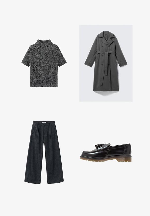 Grau Trenchcoat mit doppelreihiger Front, taillierter Weste, breitem Reverskragen und seitlichen Taschen. Glattes Material mit matter Oberfläche.; Kurze Ärmels, hochgeschlossenes Pullover-Sweatshirt in einem strukturierten schwarz-weißen Strickmuster, das eine lockere Passform und einen weichen Stoff bietet.; Dunkelblaue, weite Jeans mit Falten, hoher Taille und klassischem Schnitt. Verfügt über einen sauberen Abschluss am Saum und minimale Nähdetails.; Schwarze lackierte Lederloafers mit geflochtenem Design, Quastenakzent und einer klobigen, strukturierten Gummisohle. Die Seitenansicht zeigt die schlanke Silhouette.