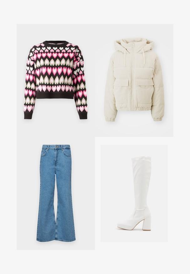 Bežist õhukesest korduurkangast puffer-jakk, millel on lukuga eesmine osa, kapuuts ja kaks esipokkot. Omab ribatekstuuri ja elastseid mansette.; Mustaga lühikest sviitrit, millel on roosa ja rohelisega värviline südame muster. Kootud tekstuur ja ribakujulised mansetid. Ümmargune kaelus.; Heledad sinine flared teksade rõivad, millel on kõrge talje, viis taskut ja üks nupulukk. Pehme tekstuur ja pleekinud viimistlus.; RAID CANNON - Platvormsaapad - white