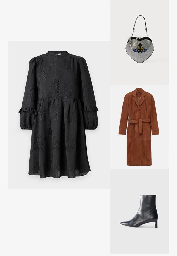 Barna velúr esőkabát hosszú ujjakkal, két elülső zsebbel, gombos záródással és hozzá illő anyagú övvel. Különleges jellemzője a kivágott gallér.; Hofmann Copenhagen ERLA - Nappali ruha - black; Fekete bőr bokacsizma hegyes orral és letisztult dizájnnal. Alacsony sarka és hátsó cipzáras záródása van. Simának tűnő textúra.; Szív alakú, hálós táska fényes fémes felülettel, kék, sárga és piros macska- és bolygó mintával. Fém lánc pántot tartalmaz.