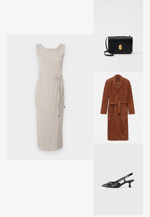 Brauner Wildleder-Trenchcoat mit langen Ärmeln, zwei Vordertaschen, einer Knopfleiste und einem passendem Stoffgürtel. Mit einem Reverskragen.; Beiges, ärmelloses Kleid mit rundem Ausschnitt, strukturierten vertikalen Streifen und einem passenden Bindegürtel in der Taille. Knielange.; Schwarzer Leder-Slingback-Schuh mit spitz zulaufender Zehenpartie, dekorativen Riemen mit METALLÖSEN und niedrigem Blockabsatz. Strukturelle Oberfläche.; Schwarze Lederhandtasche mit strukturierter rechteckiger Form. Verfügt über einen goldenen ovalen Verschluss und einen dünnen Schulterriemen. Glatte Textur.