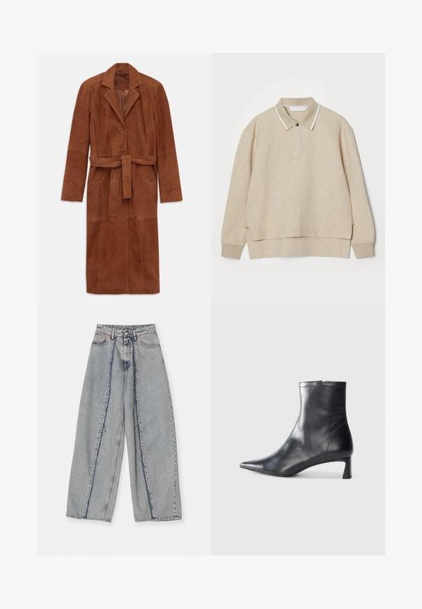 Barna velúr esőkabát hosszú ujjakkal, két elülső zsebbel, gombos záródással és hozzá illő anyagú övvel. Különleges jellemzője a kivágott gallér.; Beige színű póló pulóver gallérral és gombos záródással. Puha textúra, oldalsó hasítékok és kontrasztos fehér szegély a gallér körül.; Világoskék, bő szárú farmernadrág frayed élekkel, magas derekú, kontrasztos varrással. Denim anyagból készült, laza fazonnal és minimális kopással.; Fekete bőr bokacsizma hegyes orral és letisztult dizájnnal. Alacsony sarka és hátsó cipzáras záródása van. Simának tűnő textúra.