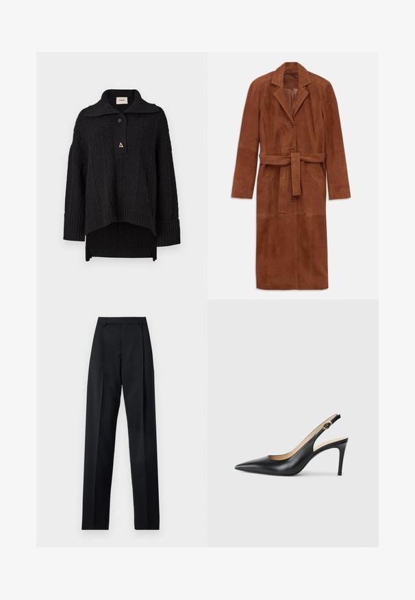 Brązowy zamszowy płaszcz trench z długimi rękawami, dwoma przednimi kieszeniami, zapięciem na guziki i pasującym paskiem z tego samego materiału. Posiada wyłogi.; Czarny sweter dzianinowy z teksturowanym wzorem, wysoki kołnierz i zapięcie na guziki. Ściągacze w rękawach i u dołu, z trójkątnym złotym akcentem.; Czarne spodnie wykonane z gładkiego materiału, z wysokim stanem, szerokimi nogawkami, fałdami z przodu i klasycznymi szlufkami na pasek. Brak widocznych kieszeni bocznych.; Czarne skórzane sandały na obcasie typu slingback z wąskim noskiem, regulowanym paskiem i smukłym obcasem szpilką, o gładkim wykończeniu.