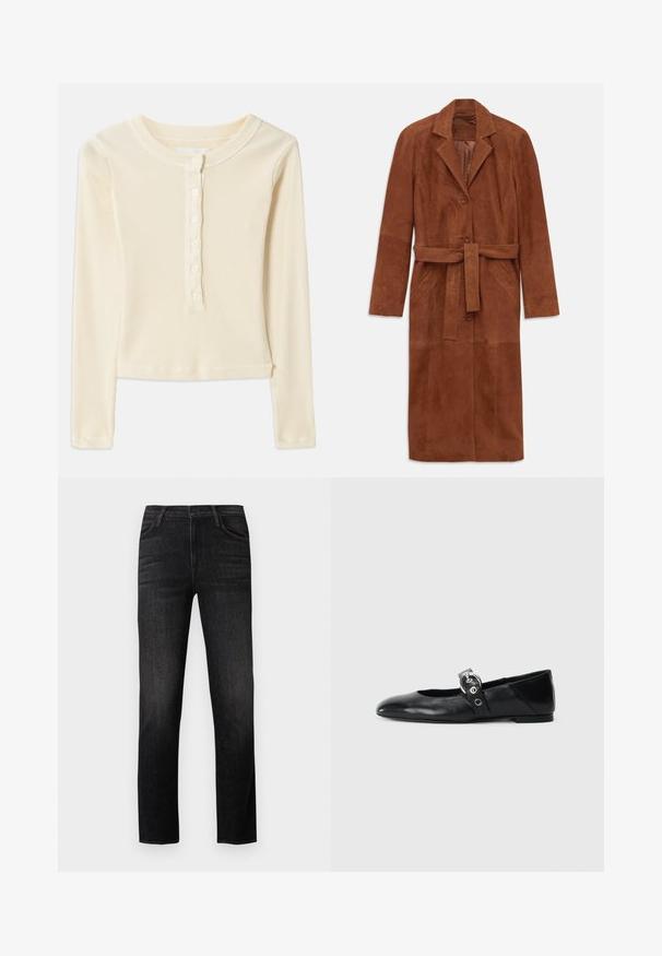 Hnedý semišový trenčkot s dlhými rukávmi, dvoma prednými vreckami, zapínaním na gombík a zodpovedajúcim látkovým opaskom. Obsahuje zúbkovaný golier.; Svetložltý, pruhovaný top s dlhým rukávom a okrúhlym výstrihom, s uzatváraním na šesť gombíkov vpredu. Má skrátený lem a mäkkú textúru.; Čierne riflové nohavice so strihom na rovné nohy, vybavené piatimi vreckami, zapínaním na gombíky a jemným vybielením na stehnách. Odolná textúra látky.; Čierne kožené baletky s špicatou špičkou, so pásikom s okrúhlou kovovou sponou a plochou podrážkou.