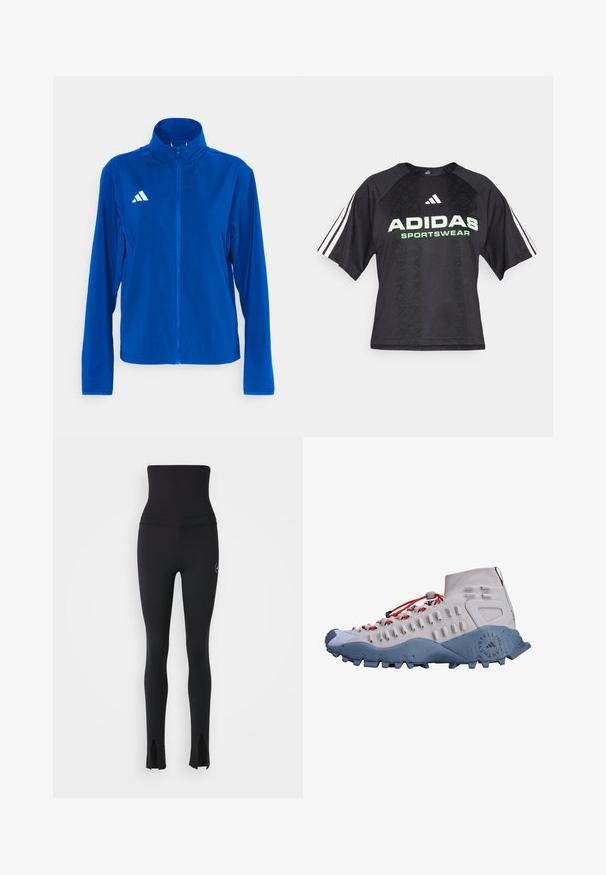 adidas Performance - Kurtka do biegania; Czarna koszulka sportowa z teksturowanym wzorem, z zielonym logo "ADIDAS SPORTSWEAR" oraz trzema białymi paskami na każdym rękawie.; adidas by Stella McCartney - Rajstopy; Jasnoszare wysokie buty trekkingowe z czerwonymi sznurowadłami, teksturowanym panelem bocznym, niebieską gumową podeszwą i wgłębieniami zapewniającymi przyczepność.