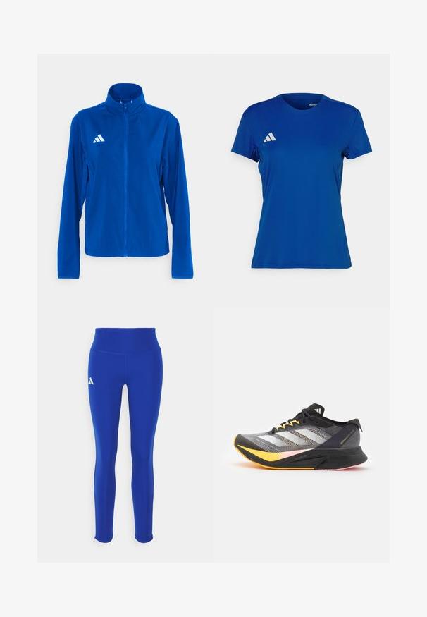 adidas Performance ADIZERO ESSENTIALS - Giacca da running - team royal blue; Maglietta sportiva blu a maniche corte con collo rotondo; realizzata in tessuto leggero; presenta un logo Adidas bianco sulla spalla sinistra.; Leggings atletici blu con vita alta, realizzati in materiale elastico, con un logo bianco sull'anca sinistra e orli discreti.; adidas Performance ADIZERO BOSTON 12 - Scarpe da corsa su strada - core black/zero metallic/spark