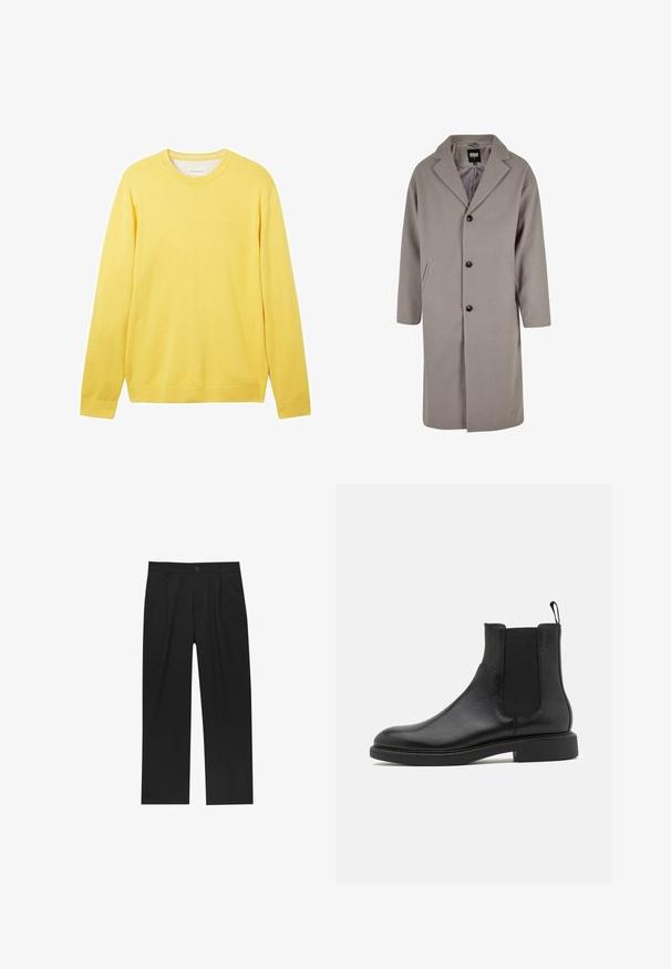 Lichtgrijze, knielange jas van een zacht materiaal, met een geklapte kraag, knoopsluiting en twee zijzakken.; Geel langemouwen trui gemaakt van een gladde, lichte stof. Heeft een ronde hals, geribbelde manchetten en een subtiel logo op de voorkant.; Zwarte broeken met een recht model, gemaakt van een gladde stof. Voorzien van een voorplooien en een enkele knoopsluiting bij de taille.; Zwarte leren enkelboot met een gladde textuur, elastische zijpanelen en een trekhaak. Ronde neus en platte rubberen zool met minimale profiel.