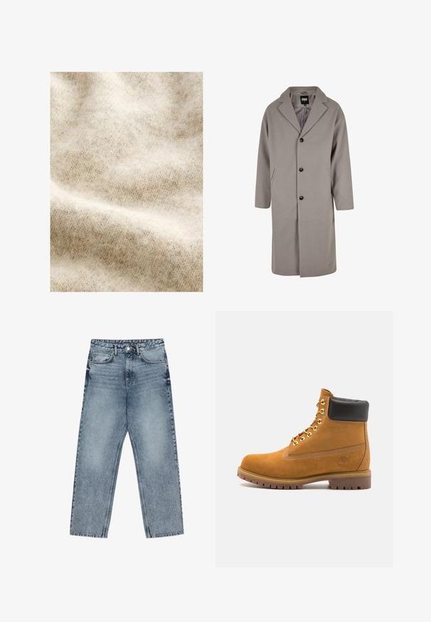 Cappotto di un grigio chiaro, lunghezza ginocchio, realizzato in un materiale morbido, con colletto a revers, chiusura con bottoni e due tasche laterali.; Tessuto di lana beige chiaro con una consistenza morbida e pelosa, caratterizzato da un sottile motivo a spina di pesce e leggere variazioni di colore.; Jeans in denim azzurro chiaro con taglio a gamba dritta, cuciture visibili, design a cinque tasche e chiusura a bottoni in vita.; Stivale alla caviglia in suede tan con collare imbottito nero, occhielli in metallo dorato, dettagli in cucitura bianca e suola in gomma robusta con battistrada pronunciato.