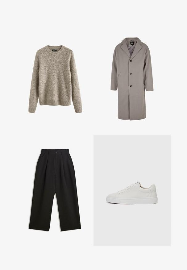 Cappotto di un grigio chiaro, lunghezza ginocchio, realizzato in un materiale morbido, con colletto a revers, chiusura con bottoni e due tasche laterali.; Maglione lavorato a maglia beige chiaro con un motivo a diamante testurizzato, scollatura tonda e polsini e orlo a coste.; Pantaloni neri con una vestibilità comoda, caratterizzati da pieghe frontali, tasche laterali e chiusura con bottone. Realizzati in tessuto testurizzato.; Sneakers bianchi in pelle, modello low-top, con punta rotonda, suola piatta in gomma bianca e dettagli di cucitura minimalista. Lacci fissati attraverso sei occhielli.