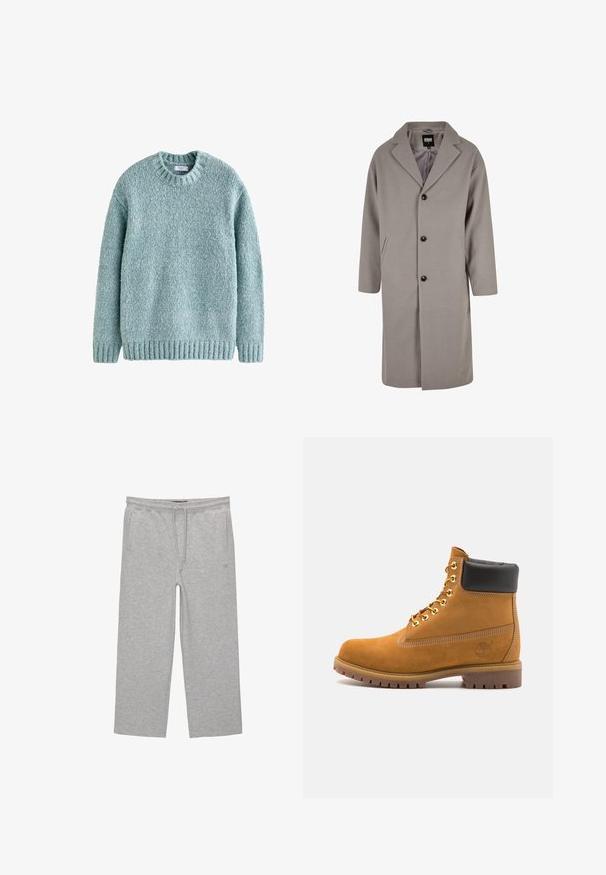 Svijetlosivi kaput do koljena, napravljen od mekanog materijala, s rever kragnom, kopčanjem na dugmad i dva bočna džepa.; Svijetloplavi pletivni pulover s okruglim izrezom, rebrastim završetcima i rubom. Izrađen od teksturirane pređe, s udobnim dizajnom pogodnim za ležerno nošenje.; Sive cotton hlače za opuštanje s elastičnim pojasom, vezicom i dva bočna džepa; ravni kroj, mekana tekstura, bez uzoraka.; Antracitne antilop čizme do gležnjeva s crnim podstavljenim ovratnikom, zlatnim metalnim rupicama, bijelim šavovima i robusnom gumenom potplatom s izraženim šarama.