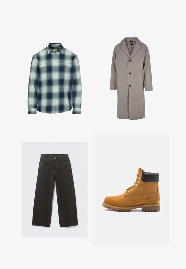 Lichtgrijze, knielange jas van een zacht materiaal, met een geklapte kraag, knoopsluiting en twee zijzakken.; Langarm geruit overhemd in tinten blauw, groen en crème. Heeft twee borstzakken en een button-down kraag. Gemaakt van een katoenmix.; Wijdbenige zwarte denim jeans hebben een hoge taille, vijf zakken en een knoopsluiting. De stof heeft een zachte, gestructureerde afwerking.; Tan suède enkelboot met zwart gevoerd kraagje, gouden metalen oogjes, witte stikdetails en een robuuste rubberen zool met uitgesproken profiel.