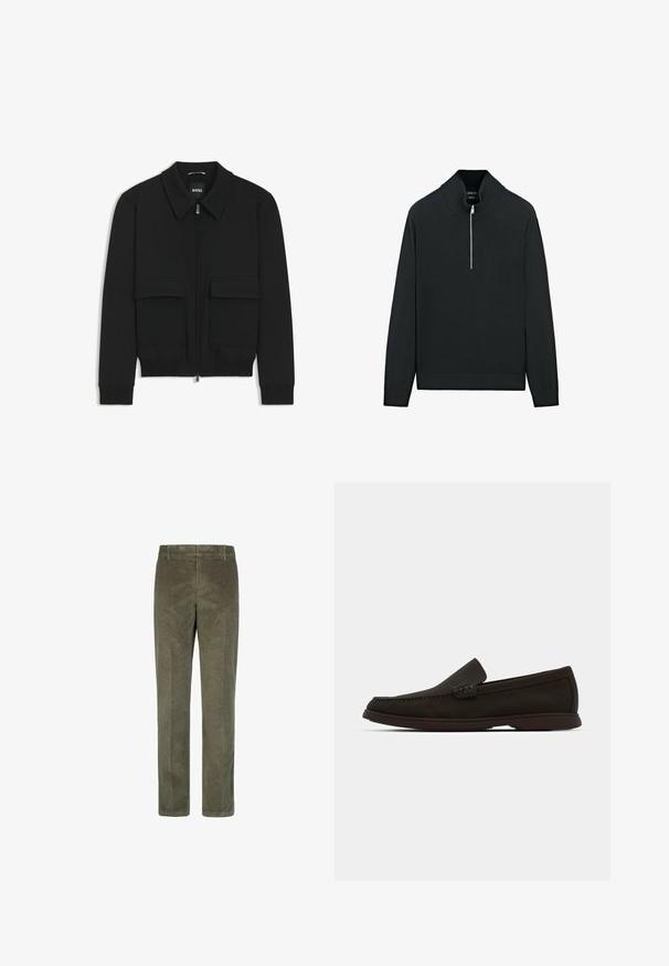 Czarna kurtka bomberka z kołnierzykiem, zapinana na zamek, z dwiema dużymi kieszeniami z klapami. Posiada ściągacze na mankietach i dole, wykonana z teksturowanej tkaniny.; Czarny sweter z wysokim kołnierzem, z półzamkiem z przodu oraz prążkowanymi mankietami i dołem. Wykonany z miękkiego materiału dzianinowego o gładkiej fakturze.; Spodnie z korduroju w oliwkowym kolorze, z pionową, prążkowaną teksturą, prostą nogawką oraz standardowym pasem z szlufkami na pasek.; Ciemnobrązowe zamszowe wsuwane mokasyny z przeszytym noskiem, niskoprofilową gumową podeszwą i teksturowanymi akcentami na cholewce.