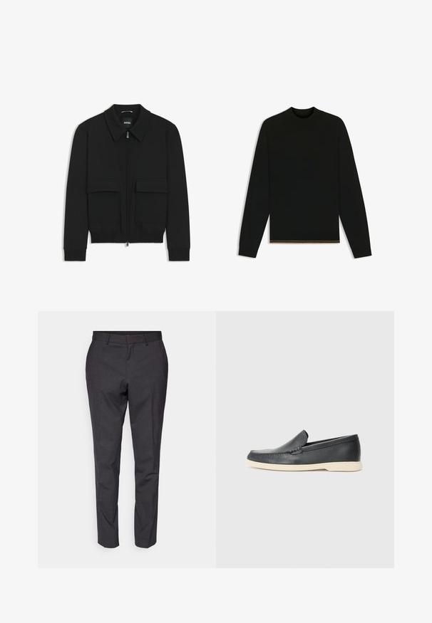 Chaqueta bomber negra con cuello tipo camisa, cierre frontal de cremallera y dos grandes bolsillos con solapa. Presenta puños ribeteados y dobladillo, confeccionada en tela texturizada.; Suéter negro de punto con mangas largas y cuello alto. Presenta un detalle dorado en el dobladillo. Textura suave y diseño ajustado.; Pantalones grises ajustados con una textura suave, corte slim y piernas entalladas, con un frente plano y lazos para cinturón como detalle adicional.; Mocasines de piel negra sin cordones con un acabado texturizado y una suela de goma beige en contraste. Presentan un sutil acento en la parte frontal.