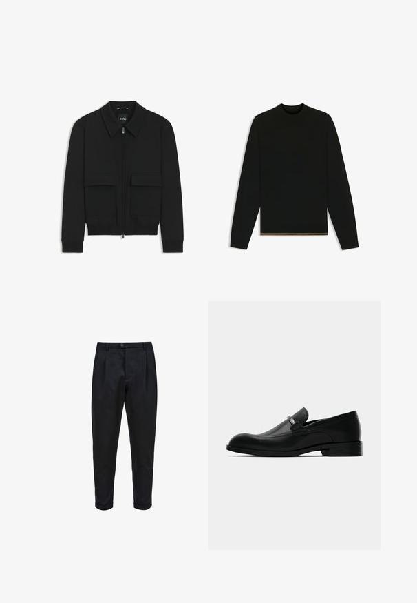 Black bomber jacket with a collared neck, zip front, and two large flap pockets. Features ribbed cuffs and hem, made of textured fabric.; Black knit sweater with long sleeves and a high neck. Features a gold accent at the hem. Smooth texture and fitted design.; Black trousers made of a smooth fabric, featuring a pleated front, tapered fit, and rolled cuffs. Simple button closure at the waist.; Black leather men's loafer with a metal buckle detail, low heel, and branded sole, shown from the side on a white background.