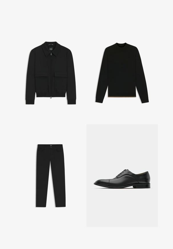 Black bomber jacket with a collared neck, zip front, and two large flap pockets. Features ribbed cuffs and hem, made of textured fabric.; Black knit sweater with long sleeves and a high neck. Features a gold accent at the hem. Smooth texture and fitted design.; Black denim jeans with a slim fit, featuring front pockets, a button and zip fly, and a branded waistband label from BOSS.; Black leather dress shoe with smooth texture, rounded toe, and five eyelets. Features a low stacked heel and subtle seam detailing.