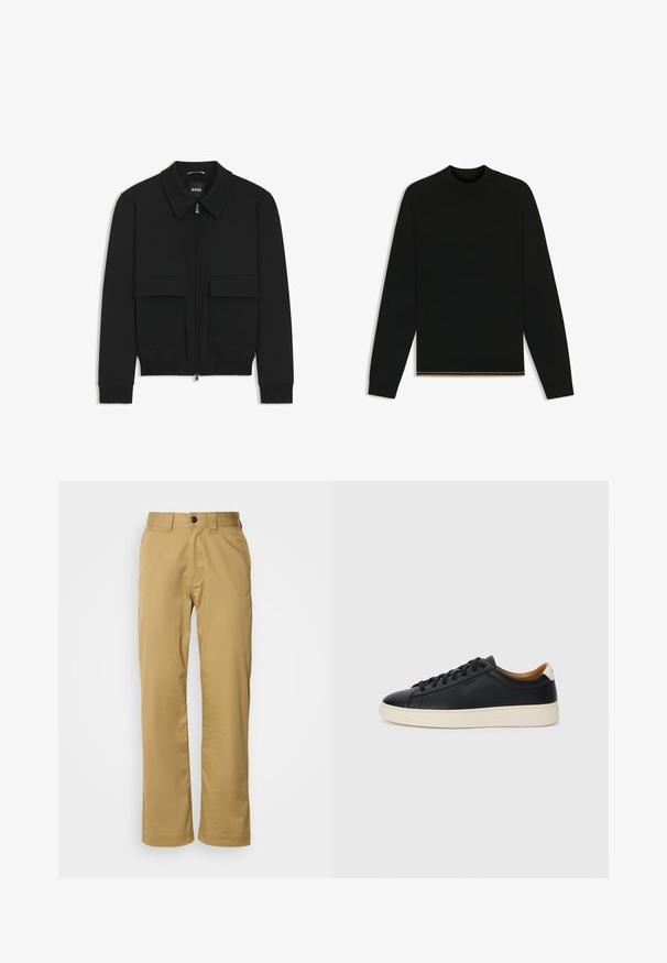 Black bomber jacket with a collared neck, zip front, and two large flap pockets. Features ribbed cuffs and hem, made of textured fabric.; Black knit sweater with long sleeves and a high neck. Features a gold accent at the hem. Smooth texture and fitted design.; Beige trousers made from smooth fabric, featuring a standard fit, two side pockets, and a single button closure at the waist.; Black leather sneakers with a smooth texture, beige rubber sole, lace-up design, and a contrasting heel accent.