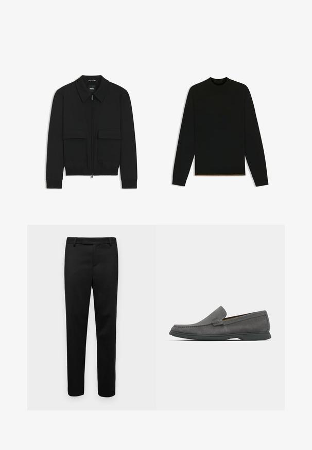 Black bomber jacket with a collared neck, zip front, and two large flap pockets. Features ribbed cuffs and hem, made of textured fabric.; Black knit sweater with long sleeves and a high neck. Features a gold accent at the hem. Smooth texture and fitted design.; Black trousers made of smooth fabric, featuring a straight cut, belt loops, and side pockets. The design is minimalist with no visible patterns.; Grey suede loafers with a rounded toe, stitched detailing, and a low rubber sole. Features a slip-on design with no visible hardware.
