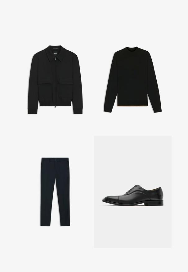 Black bomber jacket with a collared neck, zip front, and two large flap pockets. Features ribbed cuffs and hem, made of textured fabric.; Black knit sweater with long sleeves and a high neck. Features a gold accent at the hem. Smooth texture and fitted design.; Navy blue, tailored trousers made of smooth fabric; features front pockets, belt loops, and a button closure. Straight-leg design.; Black leather dress shoe with smooth texture, rounded toe, and five eyelets. Features a low stacked heel and subtle seam detailing.