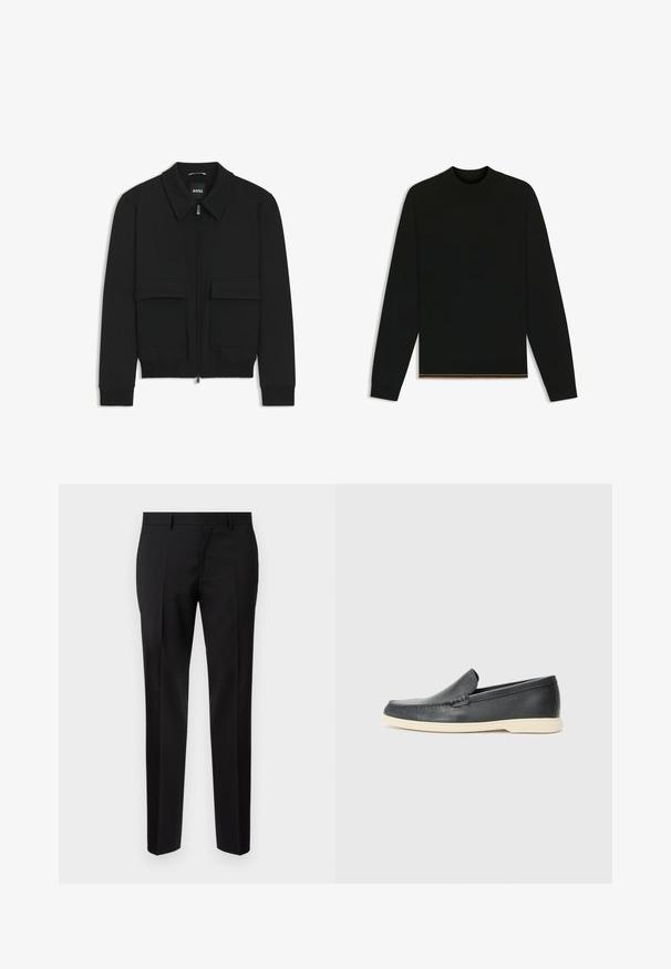 Svart bomberjacka med krage, dragkedja framtill och två stora klafffickor. Har ribbade mudd och nederkant, tillverkad av strukturerad tyg.; Svart stickad tröja med långa ärmar och hög krage. Har en guldaccent vid fållen. Slät textur och figurnära design.; Svarta skräddarsydda byxor i slätt tyg, med rak benstil, eleganta veckdetaljer och ett klassiskt midjeband med bältesömmar.; Svarta läder slip-on loafers med en texturerad yta och en kontrasterande beige gummisula. Har en subtil accent längs fram.