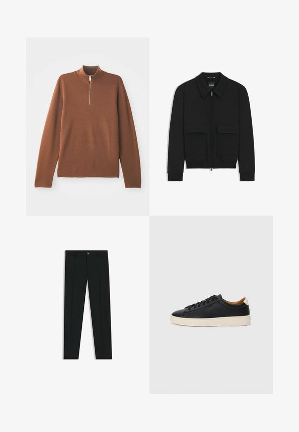 Musta pommikohva takki, jossa on kauluskulli, vetoketju etupuolella ja kaksi suurta läpällistä taskua. Varustettu ribbireunuksilla hihoissa ja helmassa, valmistettu teksturoituneesta kankaasta.; Ruskea pitkähihainen neule, jossa on korkea kaula ja osittainen vetoketju. Kangas näyttää pehmeältä, ja siinä on sileä ja tasainen rakenne.; Musta housut, joissa on suora lahje, valmistettu sileästä kankaasta. Edessä nappisulku ja vyölenkit. Yksinkertainen ilman kuvioita.; Mustat nahkasneakerit, joissa on sileä pinta, beige kumipohja, nauhakiinnitys ja erottuva kanta-aksentti.