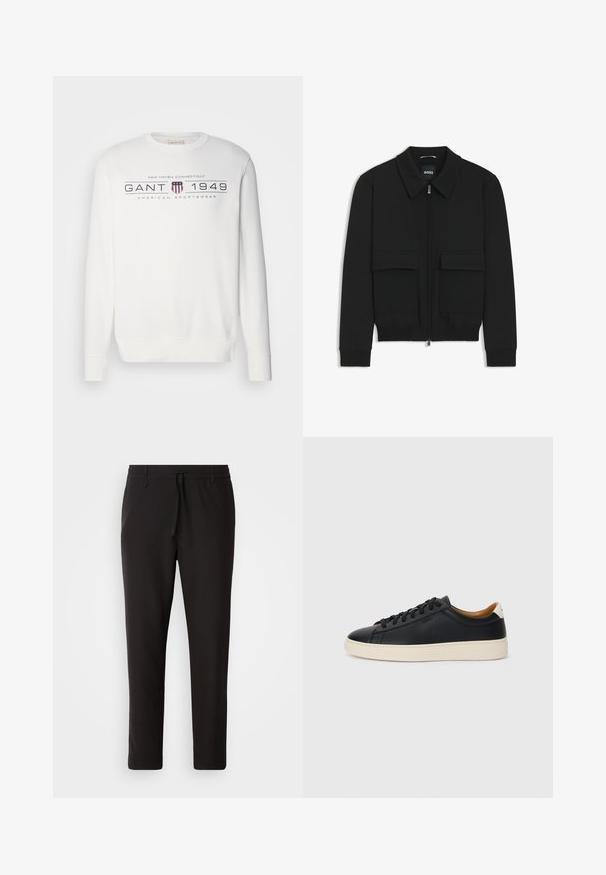Giacca bomber nera con colletto, chiusura a zip frontale e due grandi tasche con patta. Presenta polsini e orlo a costine, realizzata in tessuto testurizzato.; Felpa bianca con maniche lunghe, collo rotondo e polsini a costine. Presenta il testo "GANT 1949" e un logo in blu scuro e rosso.; Pantaloni jogger neri realizzati in tessuto liscio. Presentano una vita elasticizzata con stringa, gambe affusolate e senza tasche visibili. Design semplice.; Sneakers in pelle nera con una texture liscia, suola in gomma beige, design con lacci e un accento del tacco in contrasto.