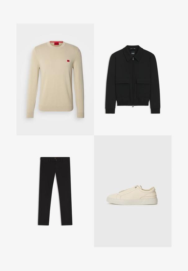 Giacca bomber nera con colletto, chiusura a zip frontale e due grandi tasche con patta. Presenta polsini e orlo a costine, realizzata in tessuto testurizzato.; HUGO SAN CASSIUS - Maglione - open beige; Pantaloni neri realizzati in tessuto con una superficie liscia. Presentano una chiusura con bottone, passanti per cintura e tasche laterali. Design a gamba dritta standard.; Sneaker in pelle beige con punta arrotondata, design minimalista, dettagli di cucitura sottili e una parte superiore testurizzata, su una suola chiara.