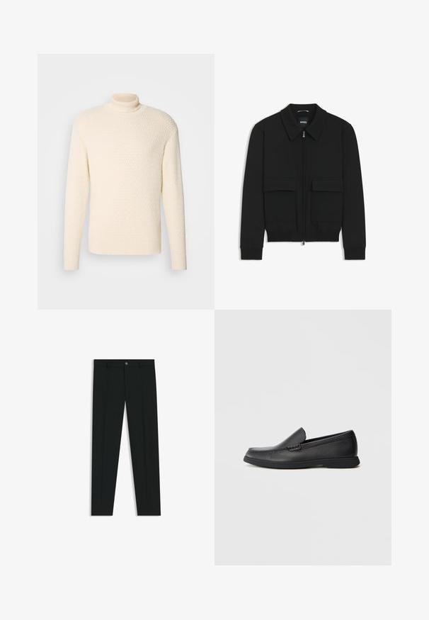 Giacca bomber nera con colletto, chiusura a zip frontale e due grandi tasche con patta. Presenta polsini e orlo a costine, realizzata in tessuto testurizzato.; Lindbergh ROLL NECK STRUCTURE SWEATER - Maglione - ecru; Pantaloni neri in tessuto lisci, con design a gamba dritta. Presentano una chiusura frontale con bottone e passanti per cintura. Senza fantasie.; Mocassino slip-on in pelle nera con sopra testurizzato, punta arrotondata, tacco basso e suola in gomma, mostrato in profilo laterale su sfondo bianco.