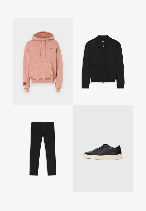 Giacca bomber nera con colletto, chiusura a zip frontale e due grandi tasche con patta. Presenta polsini e orlo a costine, realizzata in tessuto testurizzato.; Felpa rosa in cotone con tasca a marsupio, cappuccio con cordino e polsini a coste. Presenta un piccolo e sottile logo sul petto.; Pantaloni neri realizzati in tessuto con una superficie liscia. Presentano una chiusura con bottone, passanti per cintura e tasche laterali. Design a gamba dritta standard.; Sneaker in pelle nera a basso profilo con lacci neri e suola avorio, mostrato di profilo su sfondo bianco.