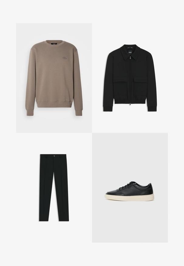 Giacca bomber nera con colletto, chiusura a zip frontale e due grandi tasche con patta. Presenta polsini e orlo a costine, realizzata in tessuto testurizzato.; Mads Nørgaard STANDARD CREW LOGO - Felpa - bungee cord; Pantaloni neri in tessuto lisci, con design a gamba dritta. Presentano una chiusura frontale con bottone e passanti per cintura. Senza fantasie.; Sneaker in pelle nera a basso profilo con lacci neri e suola avorio, mostrato di profilo su sfondo bianco.