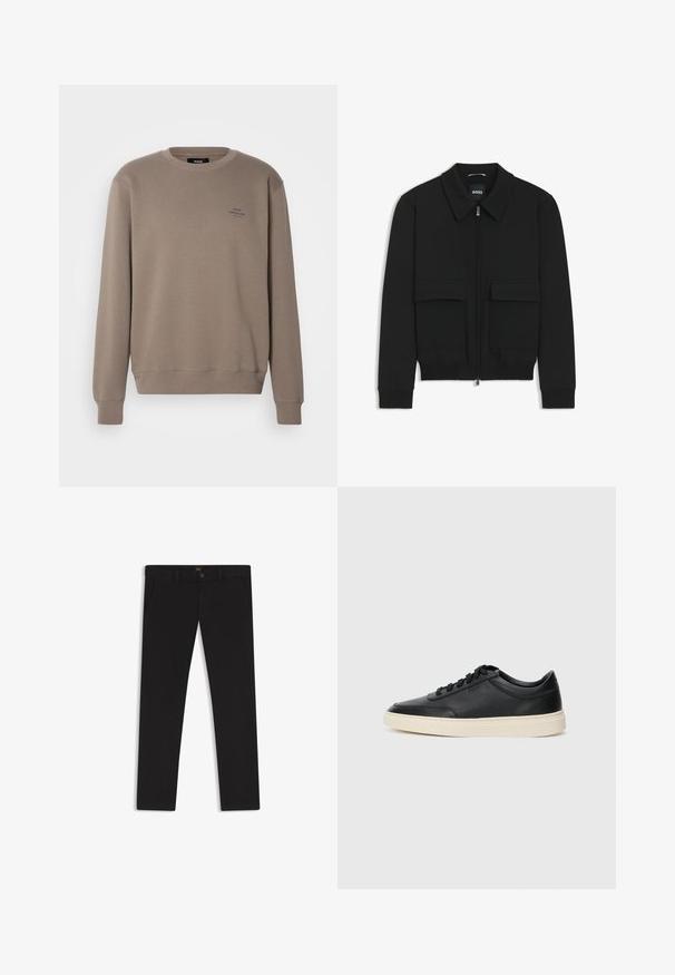 Giacca bomber nera con colletto, chiusura a zip frontale e due grandi tasche con patta. Presenta polsini e orlo a costine, realizzata in tessuto testurizzato.; Mads Nørgaard STANDARD CREW LOGO - Felpa - bungee cord; Pantaloni neri realizzati in tessuto con una superficie liscia. Presentano una chiusura con bottone, passanti per cintura e tasche laterali. Design a gamba dritta standard.; Sneaker in pelle nera a basso profilo con lacci neri e suola avorio, mostrato di profilo su sfondo bianco.