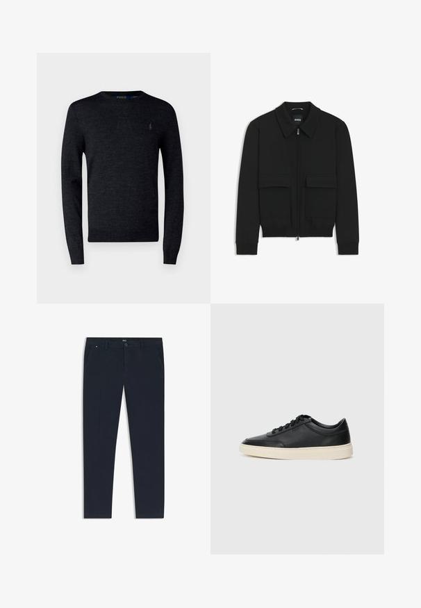 Svart bomberjacka med krage, dragkedja framtill och två stora klafffickor. Har ribbade mudd och nederkant, tillverkad av strukturerad tyg.; Mörkgrå tröja med rund halsringning, tillverkad av mjukt material. Har långa ärmar och en liten broderad logotyp på bröstet. Enkelt design.; Marina blå byxor i lätt tyg, med rak bendesign, sidofickor och klädd knappstängning med varumärkesdetalj.; Svart låg skor i läder med svarta snören och off-white sula, visas i sidoprofil på vit bakgrund.