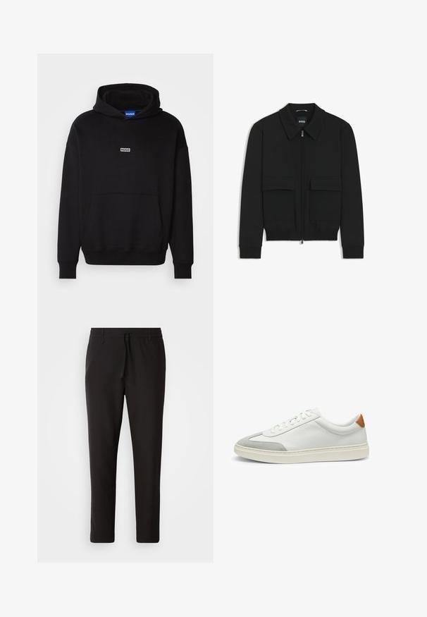 Black bomber jacket with a collared neck, zip front, and two large flap pockets. Features ribbed cuffs and hem, made of textured fabric.; HUGO NAZARDO - Hoodie - black; Black jogger pants made of smooth fabric. Feature an elastic waistband with a drawstring, tapered legs, and no visible pockets. Simple design.; White leather sneakers with gray suede accents and a tan leather heel tab. Features a textured surface and lightweight sole.