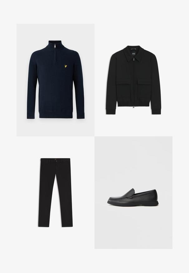 Black bomber jacket with a collared neck, zip front, and two large flap pockets. Features ribbed cuffs and hem, made of textured fabric.; Navy blue pullover with a half-zip collar, made of smooth fabric; features a small yellow embroidered logo on the chest.; Black trousers made of fabric with a smooth texture. Features a button closure, belt loops, and side pockets. Standard straight-leg design.; Black leather slip-on loafer with textured upper, rounded toe, low heel, and rubber sole, shown in side profile on white background.
