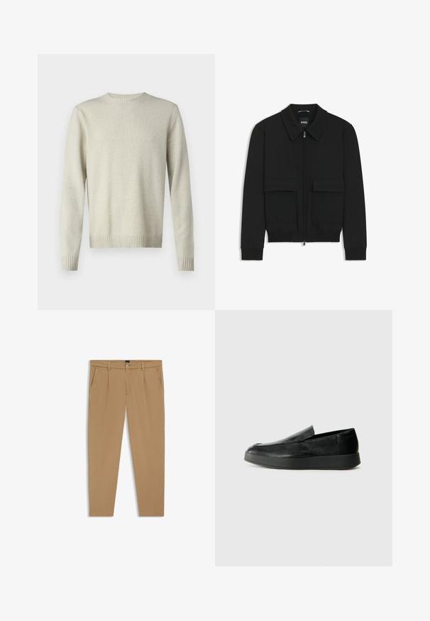 Schwarze Bikerjacke mit Kragen, Reißverschluss vorne und zwei großen Taschen mit Klappen. Mit Rippstrickbündchen und Saum, aus strukturiertem Stoff gefertigt.; Helles beige Rundhals-Pullover aus weichem, strukturiertem Stoff. Verfügt über gerippte Bündchen und Saum sowie ein einfaches, minimalistisches Design.; Beige Hosen mit glatter Textur, geradem Schnitt, Fronttaschen und einem Knopfverschluss an der Taille.; Calvin Klein HYBRID CUP - Slipper - triple black