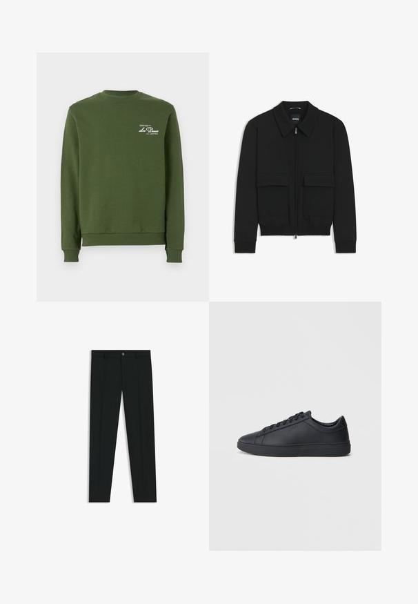 Schwarze Bikerjacke mit Kragen, Reißverschluss vorne und zwei großen Taschen mit Klappen. Mit Rippstrickbündchen und Saum, aus strukturiertem Stoff gefertigt.; Olivgrüner Sweatshirt mit geripptem Rundhalsausschnitt, langen Ärmeln und einer weichen Textur. Mit weißem, bedrucktem Logo auf der Brust.; Schwarze Anzughosen mit geradem Bein, aus glattem Stoff. Mit Knopfverschluss vorne und Gürtelschlaufen. Schlicht ohne Muster.; Schwarze Sneaker aus glattem Leder mit einem tiefen Design, runder Zehenform und flacher Gummi-Sohle. Mit Schnürsenkeln und dezentem Branding.