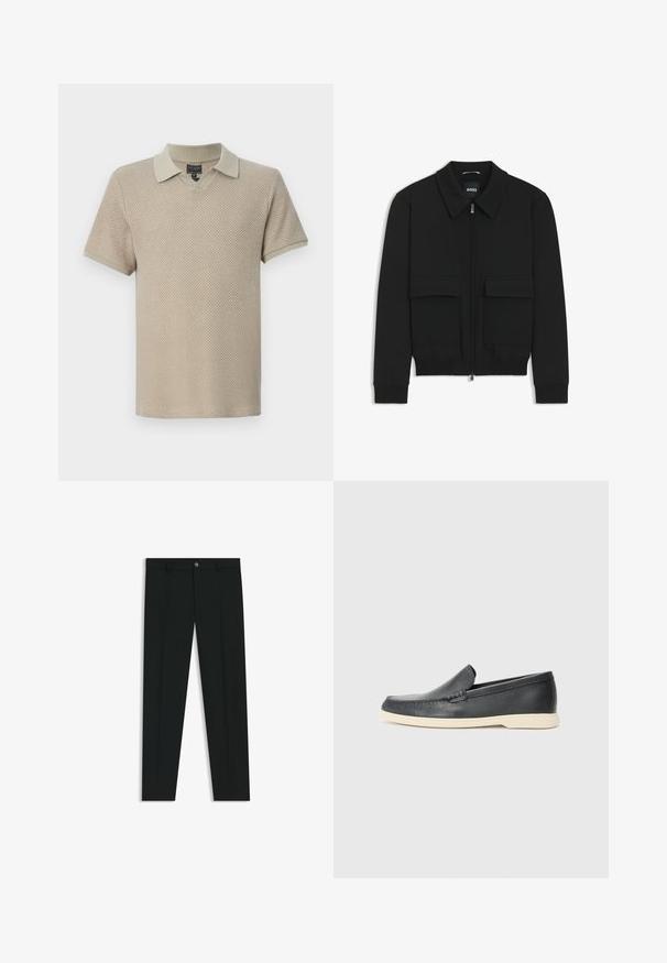 Svart bomberjacka med krage, dragkedja framtill och två stora klafffickor. Har ribbade mudd och nederkant, tillverkad av strukturerad tyg.; Ljusbeige stickad polo med korta ärmar, med en v-ringad design och en kontrasterande krage. Texturerad tyg med ett andningsbart mönster.; Svarta dressbyxor med rak bendesign, gjorda av ett mjukt tyg. Har stängning med frontknapp och bälteshällor. Enfärgade utan mönster.; Svarta läder slip-on loafers med en texturerad yta och en kontrasterande beige gummisula. Har en subtil accent längs fram.