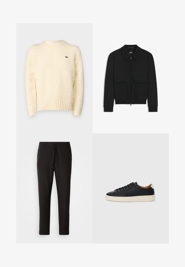 Zwarte bomberjack met een kraag, rits aan de voorkant en twee grote klepzakken. Heeft geribde manchetten en onderrand, gemaakt van textuurstof.; Crème-kleurige gebreide trui met een gestructureerd ruitpatroon, ribbels aan de mouwen en onderkant; bevat een klein groen Lacoste-logo op de borst.; Zwarte joggingsbroek van gladde stof. Kenmerkt zich door een elastische tailleband met een trekkoord, taps toelopende benen en geen zichtbare zakken. Eenvoudig ontwerp.; Zwarte leren sneakers met een gladde textuur, beige rubberen zool, vetersluiting en een contrasterende hielaccent.