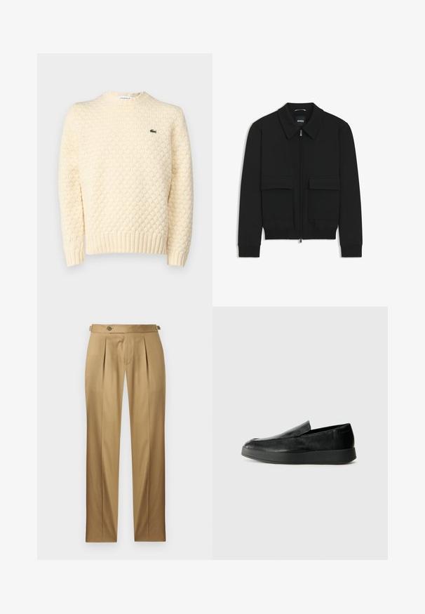 Black bomber jacket with a collared neck, zip front, and two large flap pockets. Features ribbed cuffs and hem, made of textured fabric.; Cream-colored knitted sweater featuring a textured diamond pattern, ribbed cuffs, and hem; includes a small green Lacoste logo on the chest.; Beige trousers with a straight fit, featuring pleats, a button closure, and belt loops. Smooth fabric with a clean, tailored look.; Calvin Klein HYBRID CUP - Slip-ons - triple black
