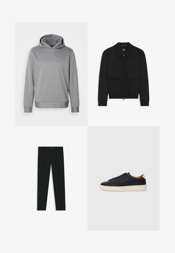 Veste bomber noire avec col, fermeture éclair à l'avant et deux grandes poches à rabat. Dotée de poignets et d'un bas côtelés, fabriquée en tissu texturé.; Sweatshirt à capuche gris en tissu côtelé, avec des manches longues, une coupe décontractée et un logo discret dans la partie supérieure gauche de la poitrine.; Pantalons noirs avec une coupe droite, fabriqués en tissu lisse. Présente une fermeture éclair à l'avant et des passants de ceinture. Unis sans motifs.; Baskets en cuir noir avec une texture lisse, semelle en caoutchouc beige, design à lacets et accent de talon contrasté.