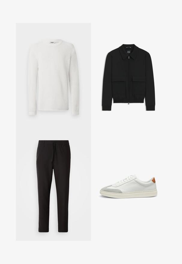Veste bomber noire avec col, fermeture éclair à l'avant et deux grandes poches à rabat. Dotée de poignets et d'un bas côtelés, fabriquée en tissu texturé.; Pull blanc à manches longues en maille texturée avec un col rond et des poignets côtelés. Design simple et léger.; Pantalons de jogging noirs en tissu lisse. Dotés d'une taille élastique avec cordon de serrage, jambes fuselées, et sans poches visibles. Design simple.; Baskets en cuir blanc avec des accents en suède gris et un talon en cuir beige. Elles présentent une surface texturée et une semelle légère.