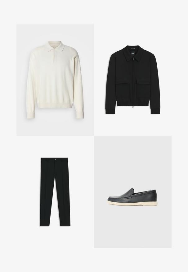 Giacca bomber nera con colletto, chiusura a zip frontale e due grandi tasche con patta. Presenta polsini e orlo a costine, realizzata in tessuto testurizzato.; Golfino bianco a maniche lunghe realizzato in materiale morbido, con colletto classico, chiusura con bottoni e polsini e orlo a coste.; Pantaloni neri in tessuto lisci, con design a gamba dritta. Presentano una chiusura frontale con bottone e passanti per cintura. Senza fantasie.; Mocassini neri in pelle con finitura testurizzata e suola in gomma beige a contrasto. Presentano un accento sottile lungo la parte anteriore.