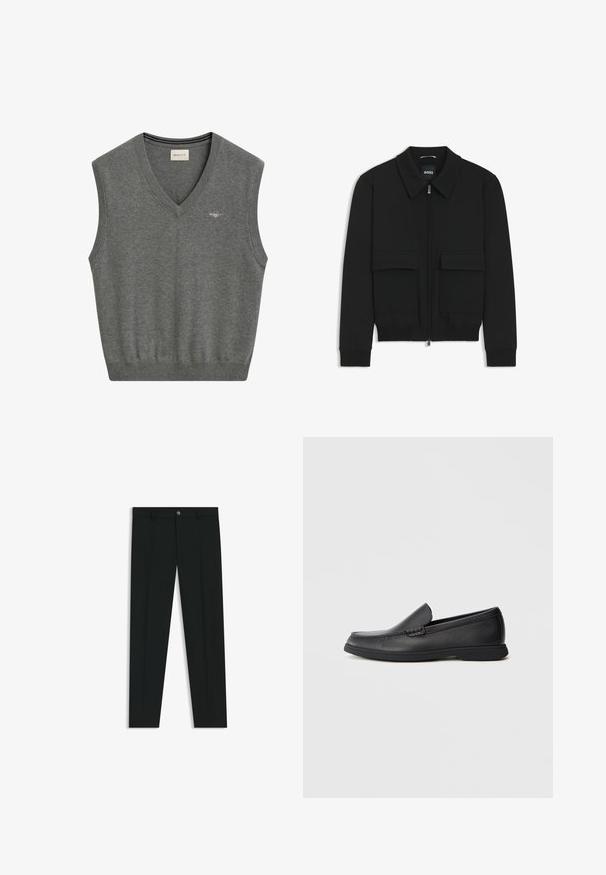 Zwarte bomberjack met een kraag, rits aan de voorkant en twee grote klepzakken. Heeft geribde manchetten en onderrand, gemaakt van textuurstof.; Grijze mouwloze trui, V-halsontwerp, ribgebreide halslijn en zoom, zachte textuur, met een klein geborduurd logo op de borst.; Zwarte dresspants met een recht pasvorm, gemaakt van een gladde stof. Heeft een sluiting met een knoop aan de voorkant en ceintuurlussen. Effen zonder patronen.; Zwarte leren instaploafer met een textuur bovenwerk, ronde neus, lage hak en rubberen zool, weergegeven in zijprofiel op een witte achtergrond.