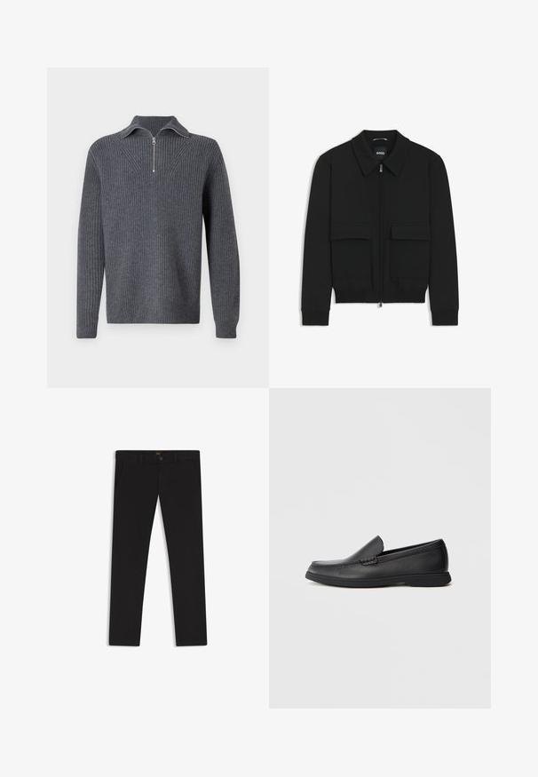 Schwarze Bikerjacke mit Kragen, Reißverschluss vorne und zwei großen Taschen mit Klappen. Mit Rippstrickbündchen und Saum, aus strukturiertem Stoff gefertigt.; Grauer gerippter Pullover mit einem Reißverschluss-Hochkragen. Verfügt über lange Ärmel und ein strukturiertes Strickmuster, das ein begrenztes Erscheinungsbild bietet.; Schwarze Hosen aus einem Stoff mit glatter текстуре. Verfügt über einen Knopfverschluss, Gürtelschlaufen und Seitentaschen. Klassisches Design mit geradem Bein.; Schwarze Leder Slipper mit strukturiertem Obermaterial, runder Zehenform, niedrigem Absatz und Gummisohle, seitlich auf weißem Hintergrund abgebildet.