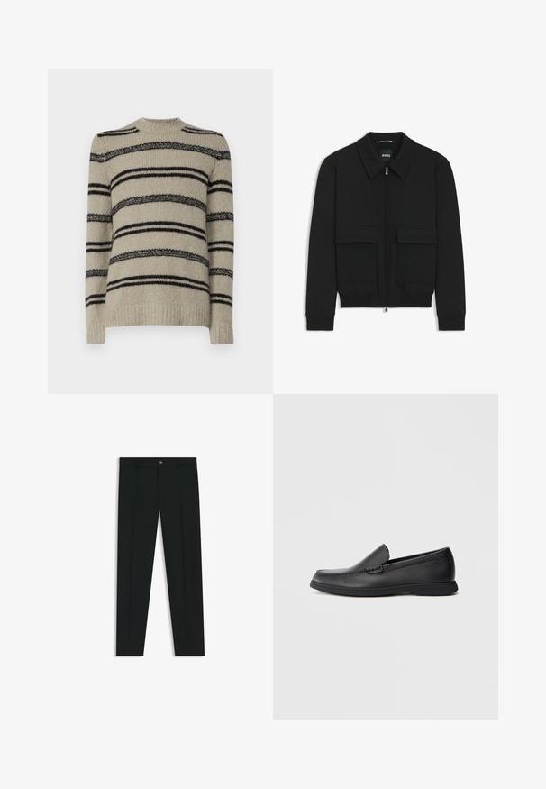 Black bomber jacket with a collared neck, zip front, and two large flap pockets. Features ribbed cuffs and hem, made of textured fabric.; Beige sweater with black stripes, knitted texture, crew neck design, and long sleeves. Features varying stripe thickness for detail.; Black dress pants with a straight-leg design, made of smooth fabric. Features a front button closure and belt loops. Plain without patterns.; Black leather slip-on loafer with textured upper, rounded toe, low heel, and rubber sole, shown in side profile on white background.