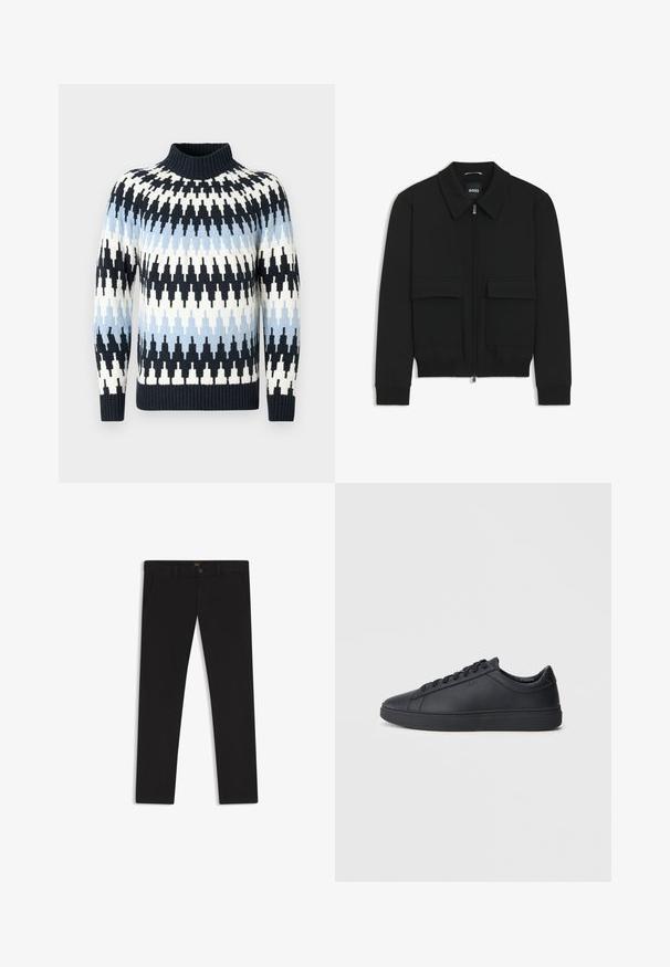 Schwarze Bikerjacke mit Kragen, Reißverschluss vorne und zwei großen Taschen mit Klappen. Mit Rippstrickbündchen und Saum, aus strukturiertem Stoff gefertigt.; Strickpullover mit hohem Kragen in Blau, Weiß und Schwarz, mit einem Zickzackmuster sowie gerippten Bündchen und Saum.; Schwarze Hosen aus einem Stoff mit glatter текстуре. Verfügt über einen Knopfverschluss, Gürtelschlaufen und Seitentaschen. Klassisches Design mit geradem Bein.; Schwarze Sneaker aus glattem Leder mit einem tiefen Design, runder Zehenform und flacher Gummi-Sohle. Mit Schnürsenkeln und dezentem Branding.